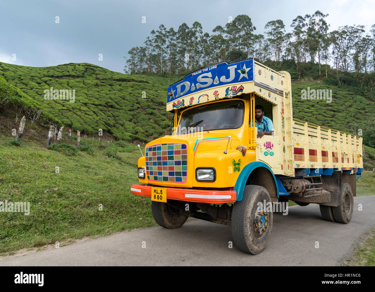 Bunte LKW fährt durch Madupatty Teeplantage, Munnar, Kerala, Indien Stockfoto