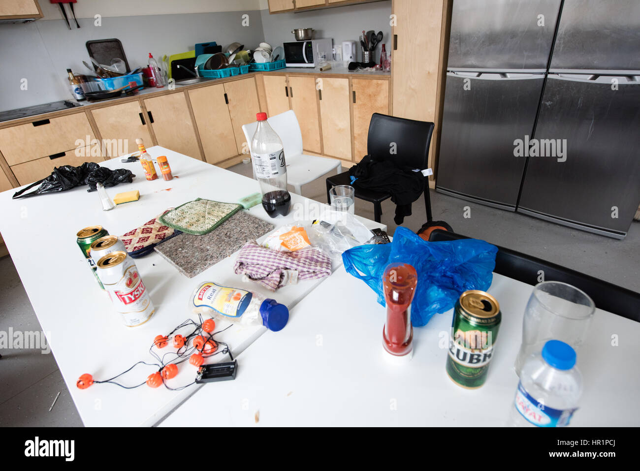 Schmutzig schmutzig Student Gemeinschaftsküche mit Stapel der Abwasch durch das Waschbecken und einem gemeinsamen Tisch übersät mit Müll, leere Bierdosen und Essen. Stockfoto