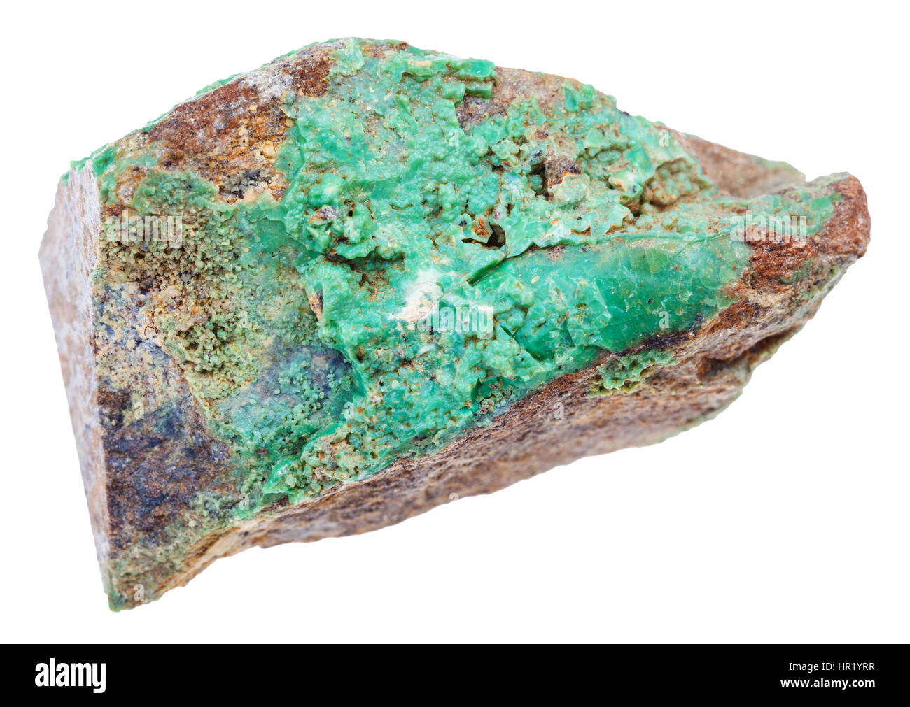 Makro-Aufnahmen der geologischen Sammlung Mineral - Stein des grünen Garnierite Rock (Nickelerz) isoliert auf weißem Hintergrund Stockfoto