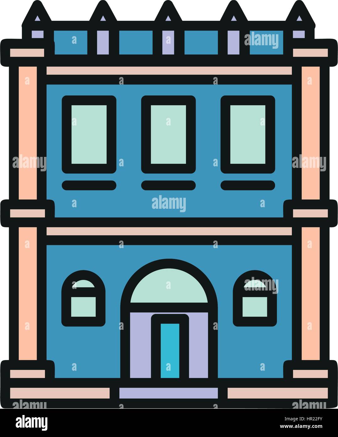 Isolierte blau Low-Rise Gemeindehaus in Lineart-Stil-Ikone, Bestandteil der urbanen Architektur bauen Vektor-Illustration. Stock Vektor