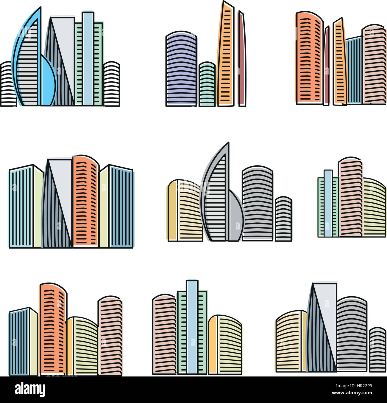 Isoliert Symbolsammlung bunte Hochhäuser, Wolkenkratzer Vektor-Illustrationen auf weißem Hintergrund. Stock Vektor