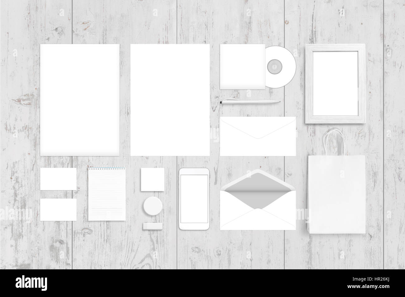 Visuellen Unternehmensidentität Draufsicht Vorlage. Logo, Design-Präsentation. Weißer Schreibtisch aus Holz. Stockfoto