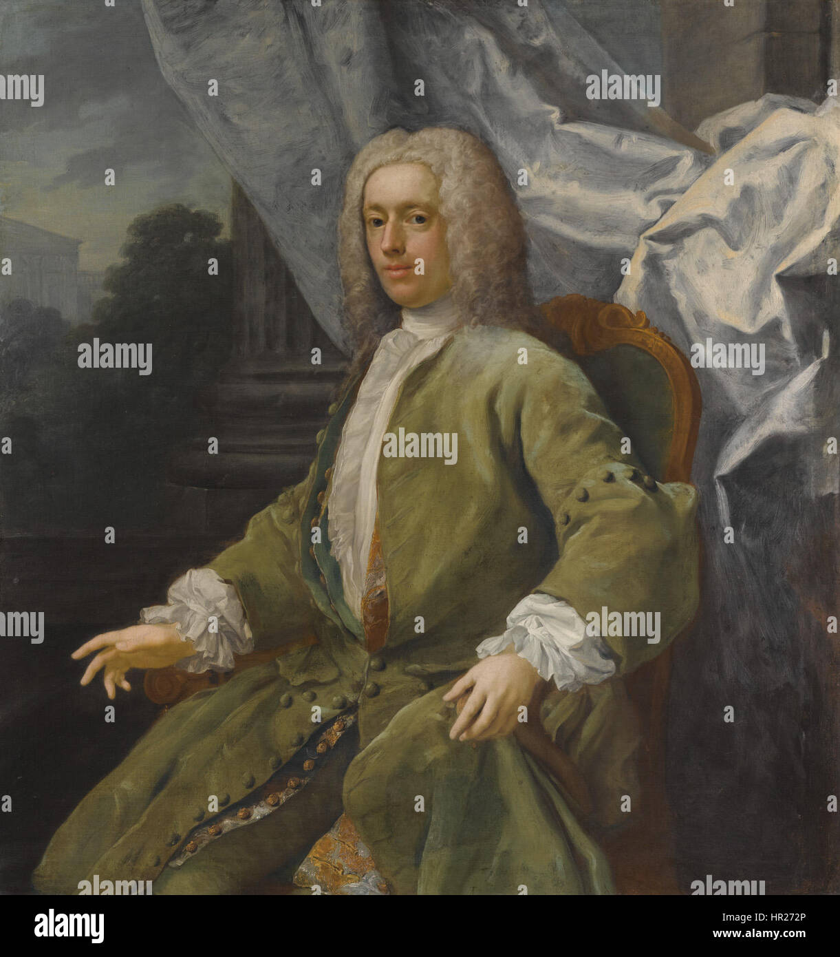 Dieses Porträt von Jacopo Amigoni zeigt einen sitzenden Herrn in einer grünen Jacke, der den barocken Stil des Künstlers unterstreicht. Das Werk betont den würdevollen Ausdruck und die elegante Haltung des Subjekts. Stockfoto