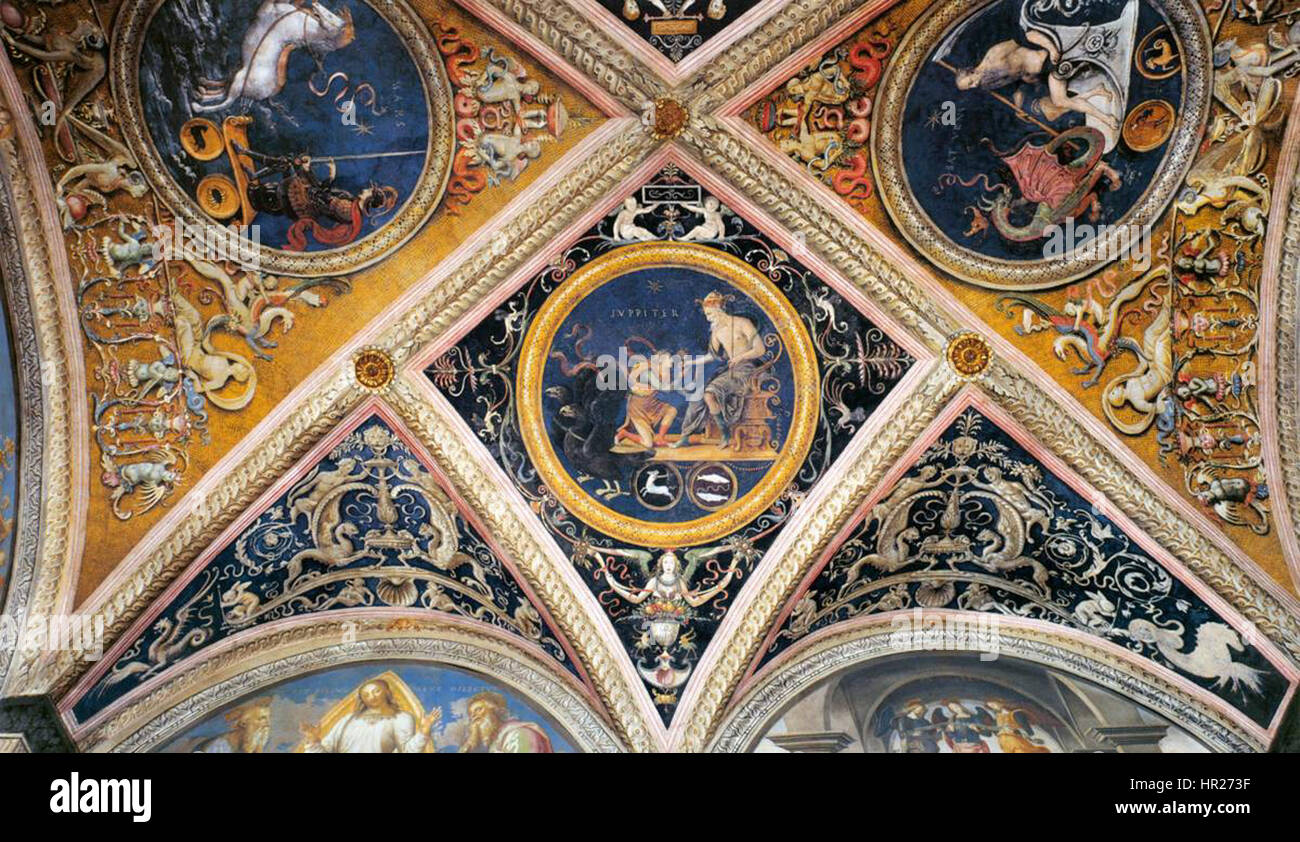 Ein Detail der Deckendekoration, ein Fresko von Pietro Perugino, einem italienischen Renaissance-Maler, entstanden zwischen 1497 und 1500 im Collegio del Cambio in Perugia. Stockfoto