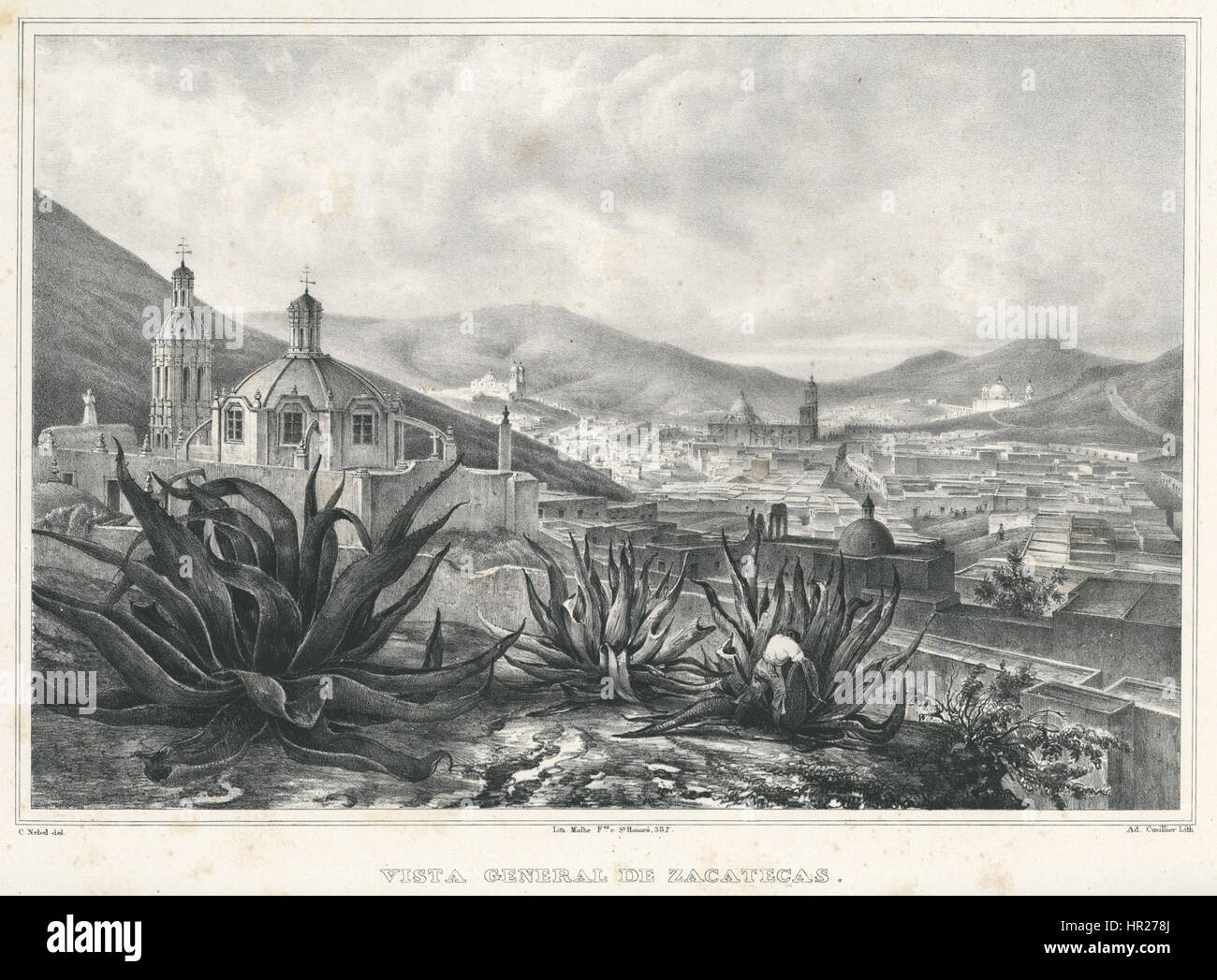„Nebel Voyage 28 Vista General de Zacatecas“ bietet einen atemberaubenden Blick auf die mexikanische Stadt Zacatecas. Das Bild fängt die geografische Landschaft und den historischen Kontext der Region ein und betont die Architektur und die bergige Umgebung. Stockfoto