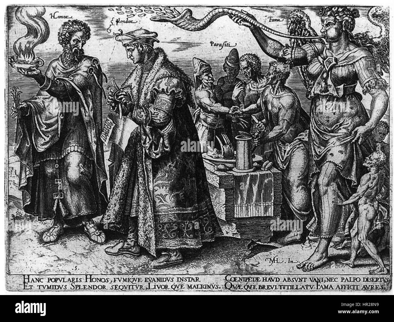 Der Gravur von Philips Galle „The Unglückliches Los der Reichen“ kritisiert die sozialen und moralischen Folgen von Wohlstand. Die Arbeit zeigt den emotionalen und spirituellen Tribut, den Wohlstand nehmen kann, und bietet eine moralische Reflexion über das Leben der Reichen. Stockfoto