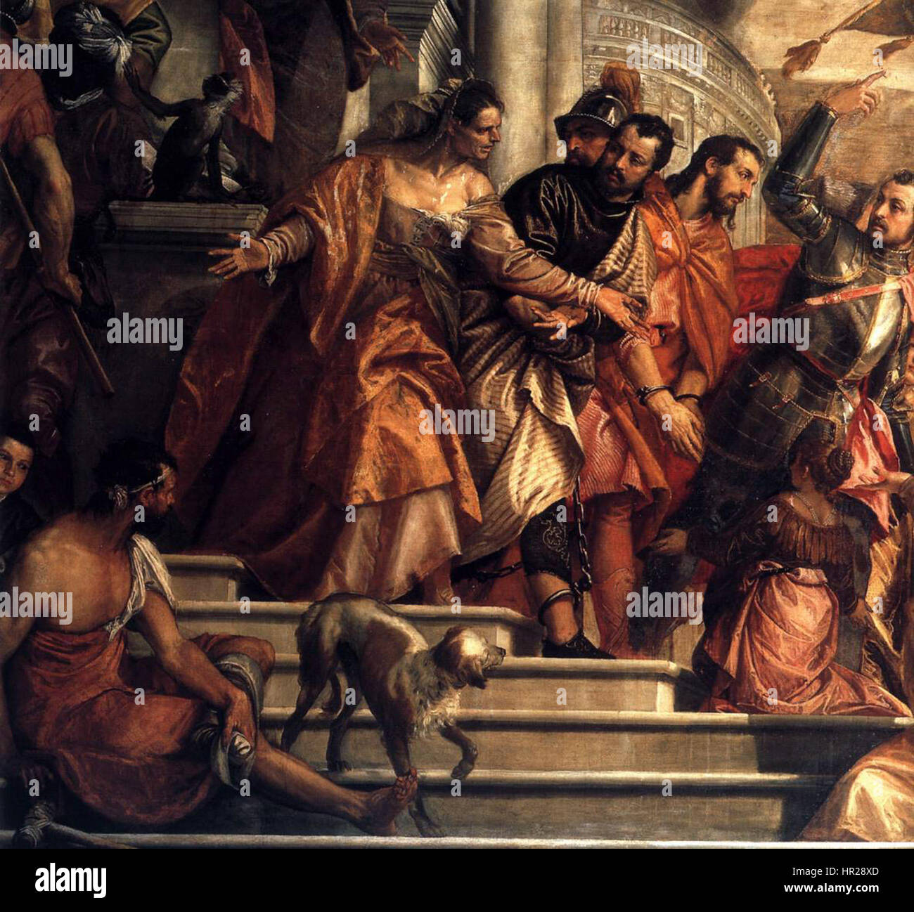 Dieses Werk von Paolo Veronese zeigt eine klassische Komposition, die häufig in seinen religiösen und mythologischen Themen verwendet wird, und zeigt seine Beherrschung in der Balance von Figuren, Raum und Licht. Es ist typisch für seinen Stil, geprägt von lebhaften Farben und komplizierten Details. Stockfoto