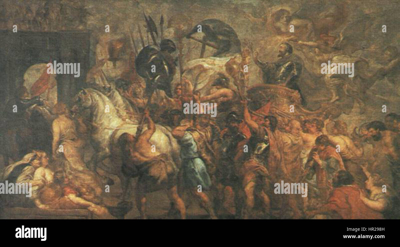 Dieses Gemälde von Peter Paul Rubens zeigt den triumphalen Einzug König Heinrich IV. In Paris. Das Werk unterstreicht die Größe und Bedeutung der Veranstaltung und zeigt Rubens' dynamische Komposition und Beherrschung der barocken Kunst. Stockfoto