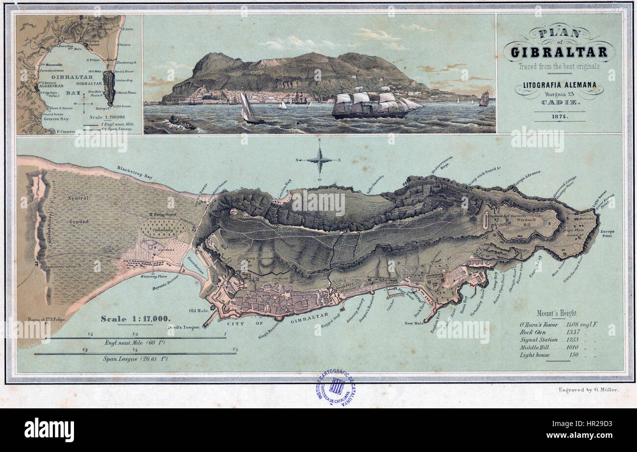 Diese historische Karte, „Plan of Gibraltar“, zeigt ein detailliertes Layout der Region und betont strategische Standorte und militärische Merkmale während einer bedeutenden Periode britischer Kontrolle. Stockfoto Diese historische Karte, „Plan of Gibraltar“, zeigt ein detailliertes Layout der Region und betont strategische Standorte und militärische Merkmale während einer bedeutenden Periode britischer Kontrolle. Stockfoto