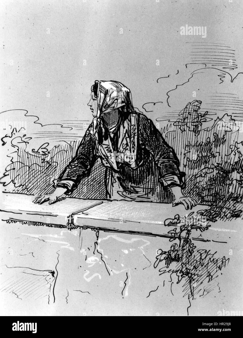 Diese Illustration von Paul Gavarni zeigt eine Bäuerin, die sich an eine Mauer lehnt und den Alltag und die Kämpfe der Landbevölkerung erfasst. Gavarni’ Arbeit hob oft die unteren Schichten und ihre sozialen Realitäten in der Pariser Gesellschaft hervor. Stockfoto