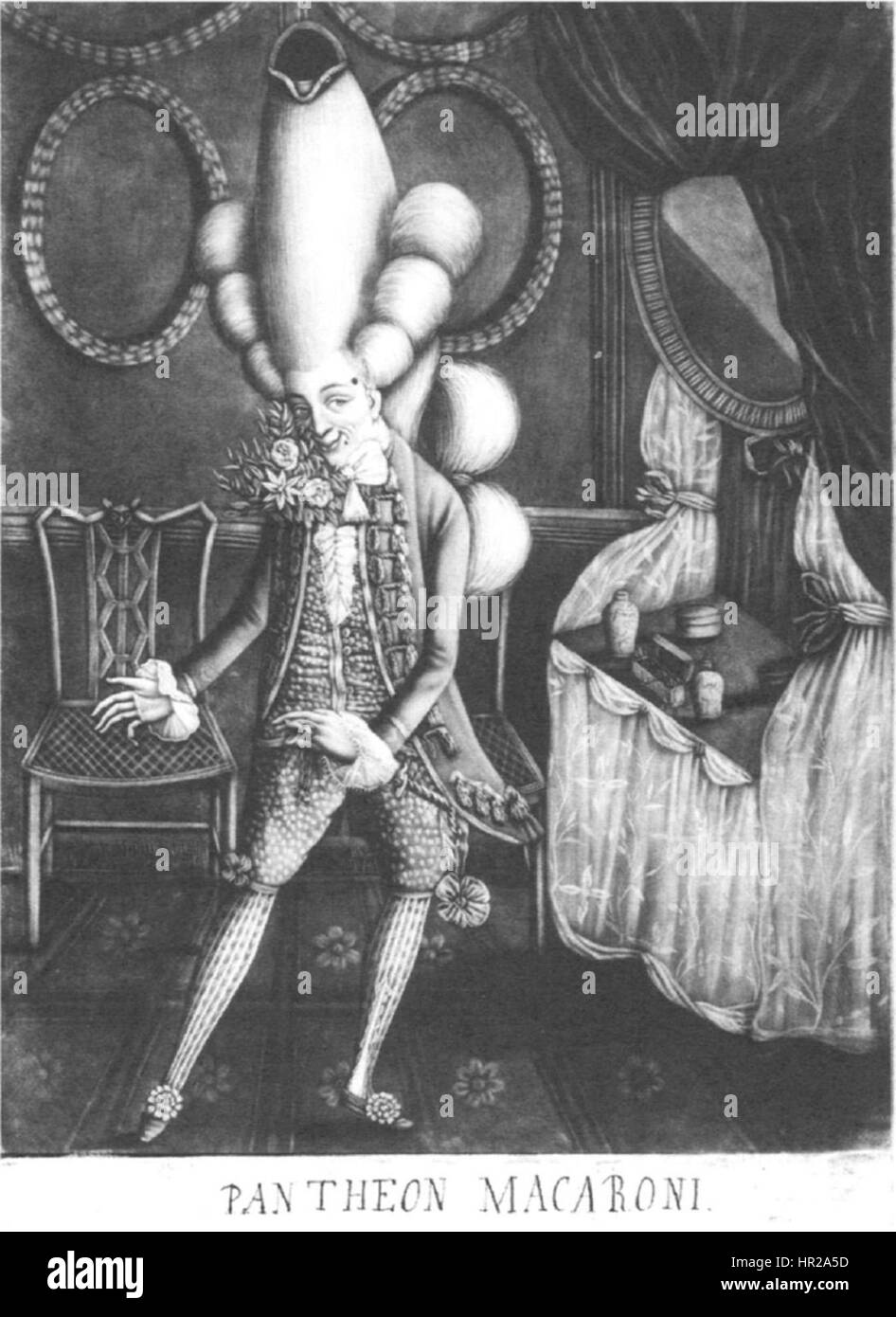Diese satirische Ätzung von Philip Dawe zeigt einen modischen jungen Mann aus dem 18. Jahrhundert, bekannt als „Makkaroni“, der an einem Maskerade-Ball teilnimmt. Das Bild kritisiert die extravaganten und exzentrischen Modetrends der Zeit. Stockfoto