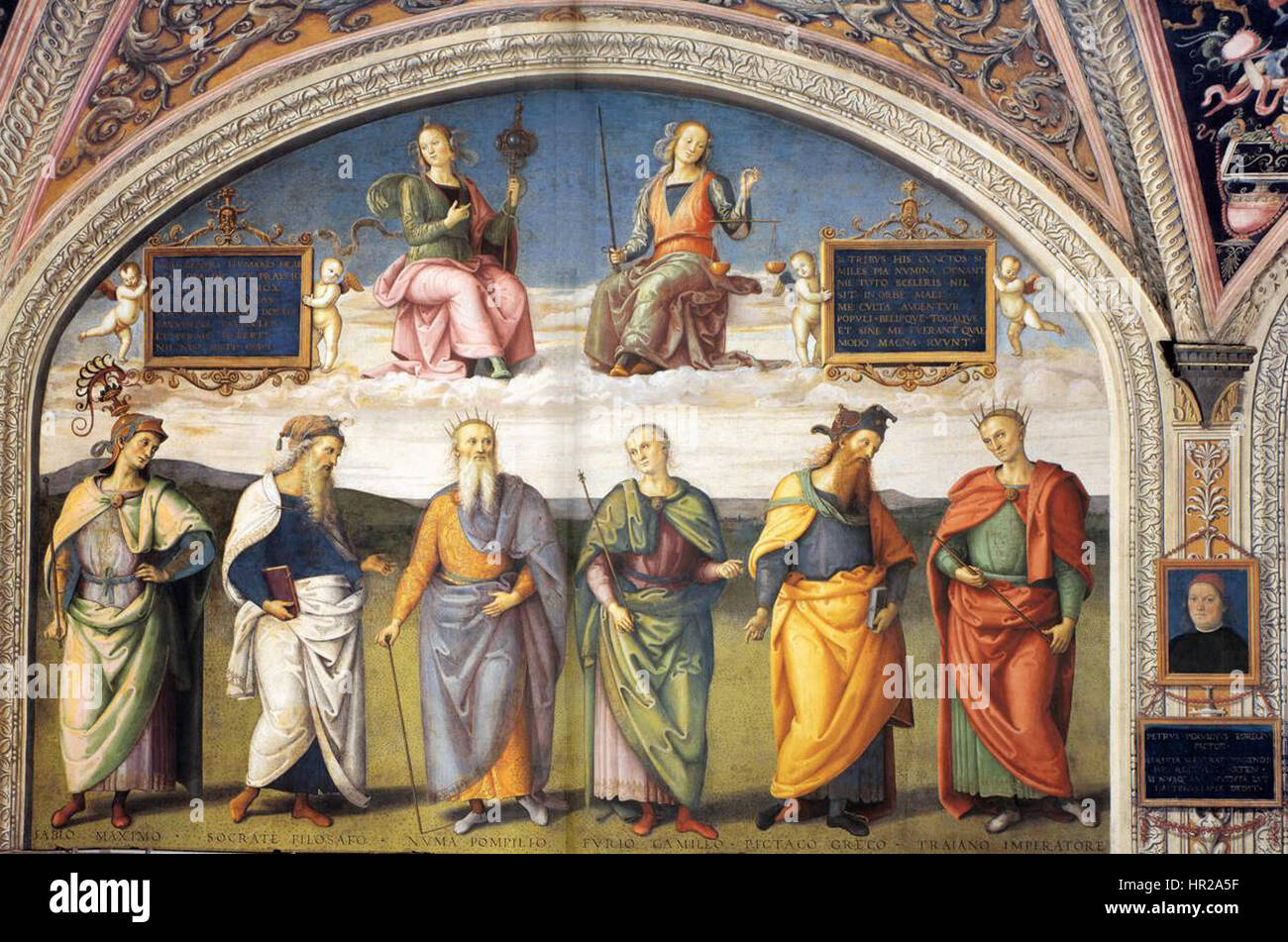 Ein Fresko von Pietro Perugino, einem italienischen Renaissance-Maler, das Männer der Antike darstellt, befindet sich im Collegio del Cambio in Perugia. Stockfoto
