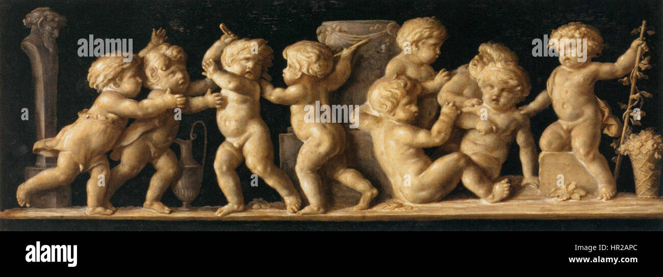 *Bacchanalia of Children* von PIAT-Joseph Sauvage ist eine spielerische und skurrile Darstellung von Kindern in einer unbeschwerten, mythologischen Szene. Das Gemälde zeigt die Kinder, die an einer Feier beteiligt sind, inspiriert von Bacchus, dem römischen Gott des Weins, und fängt die Freude und Unschuld der Kindheit in einem klassischen, freudigen Kontext ein. Stockfoto