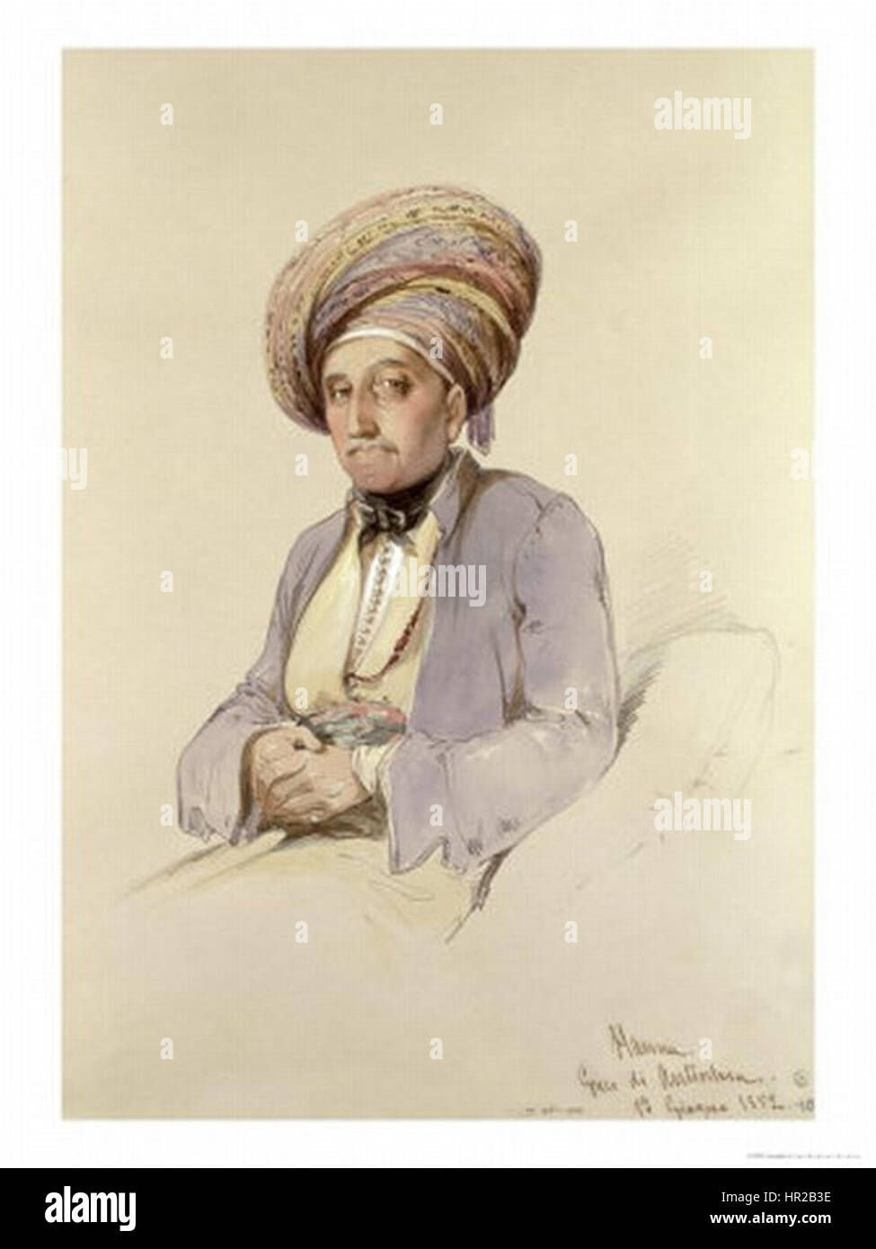 „Hanna - A Greek from Antiochia“ von Preziosi stellt eine griechische Frau in traditioneller Kleidung dar, die orientalistische Themen des 19. Jahrhunderts widerspiegelt. Das Gemälde erforscht die kulturelle Identität und das Erbe durch detaillierte Kostüme und Ausdrucksmerkmale. Stockfoto