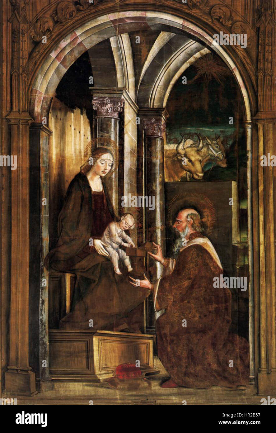 Pedro Berruguetes „Anbetung der Könige“ zeigt die biblische Szene der drei Weisen, die dem Jesuskind Geschenke überreichen. Das Gemälde hebt religiöse Hingabe und klassische Komposition hervor. Stockfoto