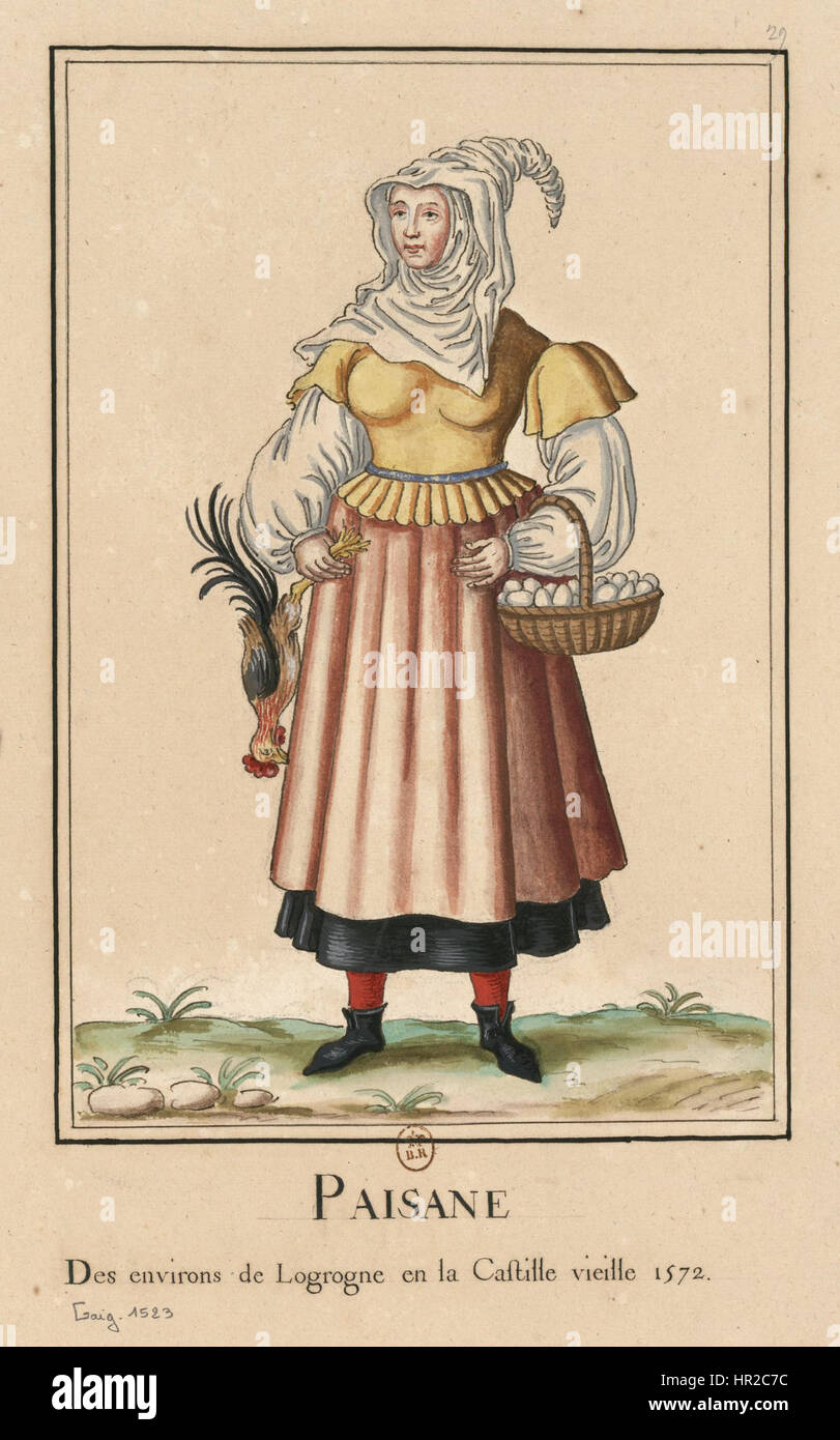 "Paysanne de Logrono" stellt eine Landfrau aus der Stadt Logrono, Spanien, dar. Das Werk hebt die Einfachheit und Schönheit des ländlichen Lebens hervor und betont die natürliche, unprätentiöse Erscheinung des Themas. Stockfoto