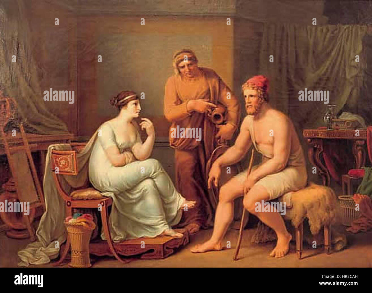 „Odysseus und Penelope“ von Johann Heinrich Wilhelm Tischbein veranschaulicht den Moment der Wiedervereinigung zwischen dem griechischen Helden Odysseus und seiner Frau Penelope. Das Gemälde reflektiert Themen wie Liebe, Loyalität und klassische Mythologie. Stockfoto