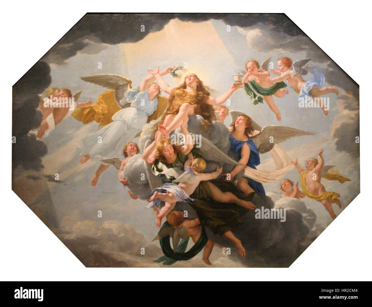 Philippe de Champaignes „Le Ravissement de Sainte Madeleine“ zeigt die dramatische religiöse Szene der spirituellen Ekstase der Heiligen Maria Magdalena. Champaigne ist bekannt für seine Beherrschung des barocken Realismus und fängt die Intensität und den göttlichen Moment in lebendigen Details ein. Stockfoto