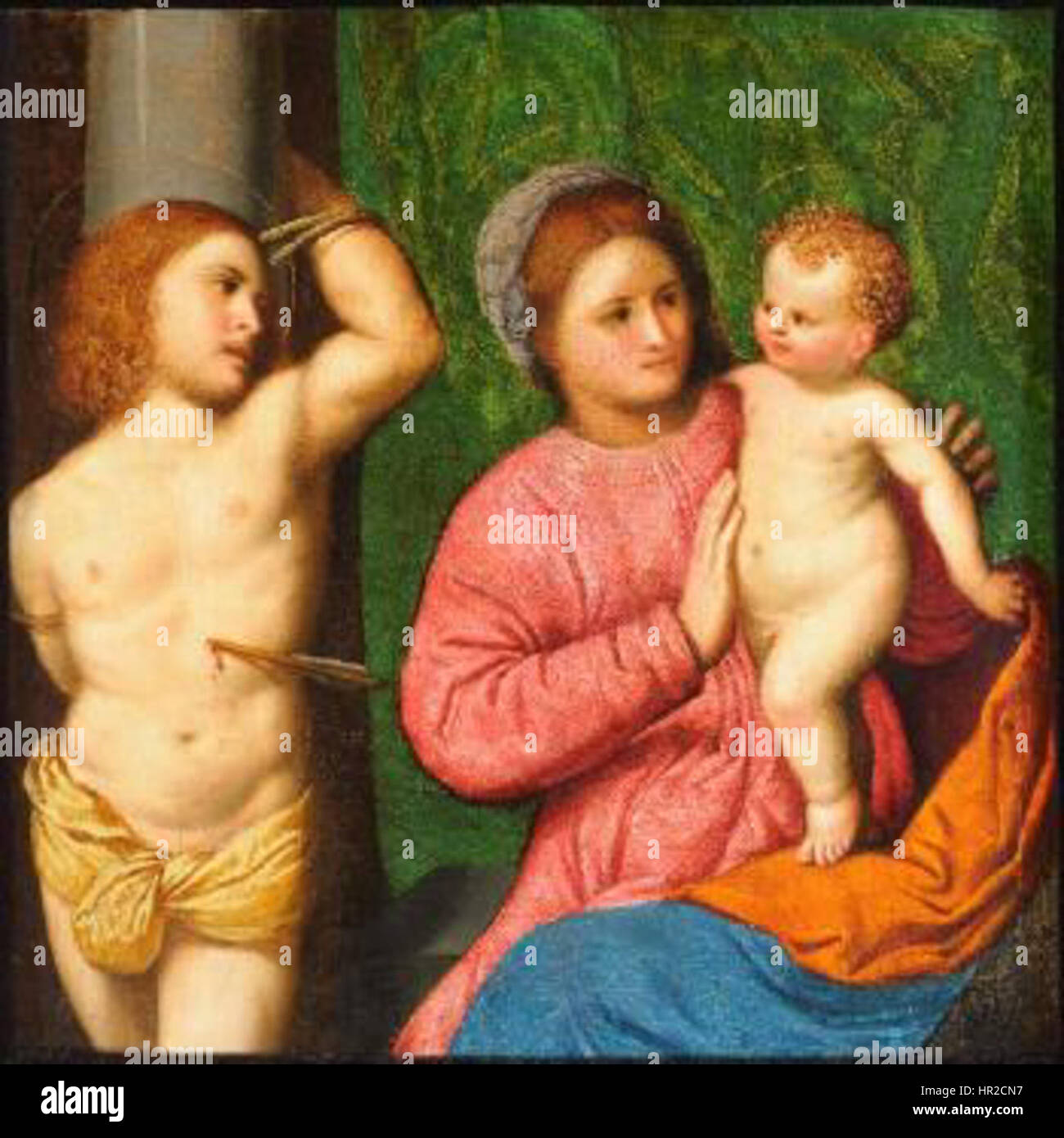 Paris Bordones „Madonna con Bambino e san Sebastiano“ zeigt die Jungfrau Maria, das Jesuskind und den Heiligen Sebastian und veranschaulicht religiöse Themen der Renaissance und den venezianischen Stil. Stockfoto