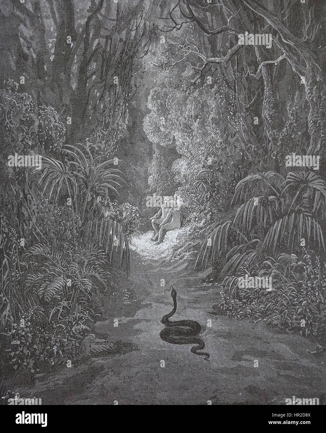 „Paradise Lost“ von John Milton ist ein episches Gedicht, das Themen wie freier Wille, Versuchung und der Fall des Menschen erforscht. Dieser Abschnitt spiegelt die kritischen Momente menschlichen Ungehorsams und göttlicher Gerechtigkeit wider. Stockfoto