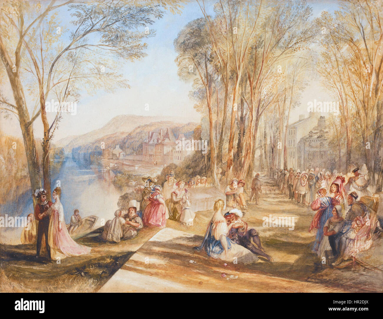 „Palace of La Belle Gabrielle“ von Joseph Mallord William Turner ist ein Gemälde, das Turners Kunst zeigt, Licht und Atmosphäre einzufangen. Die Szene präsentiert eine idealisierte, große Vision von Architektur und Natur. Stockfoto