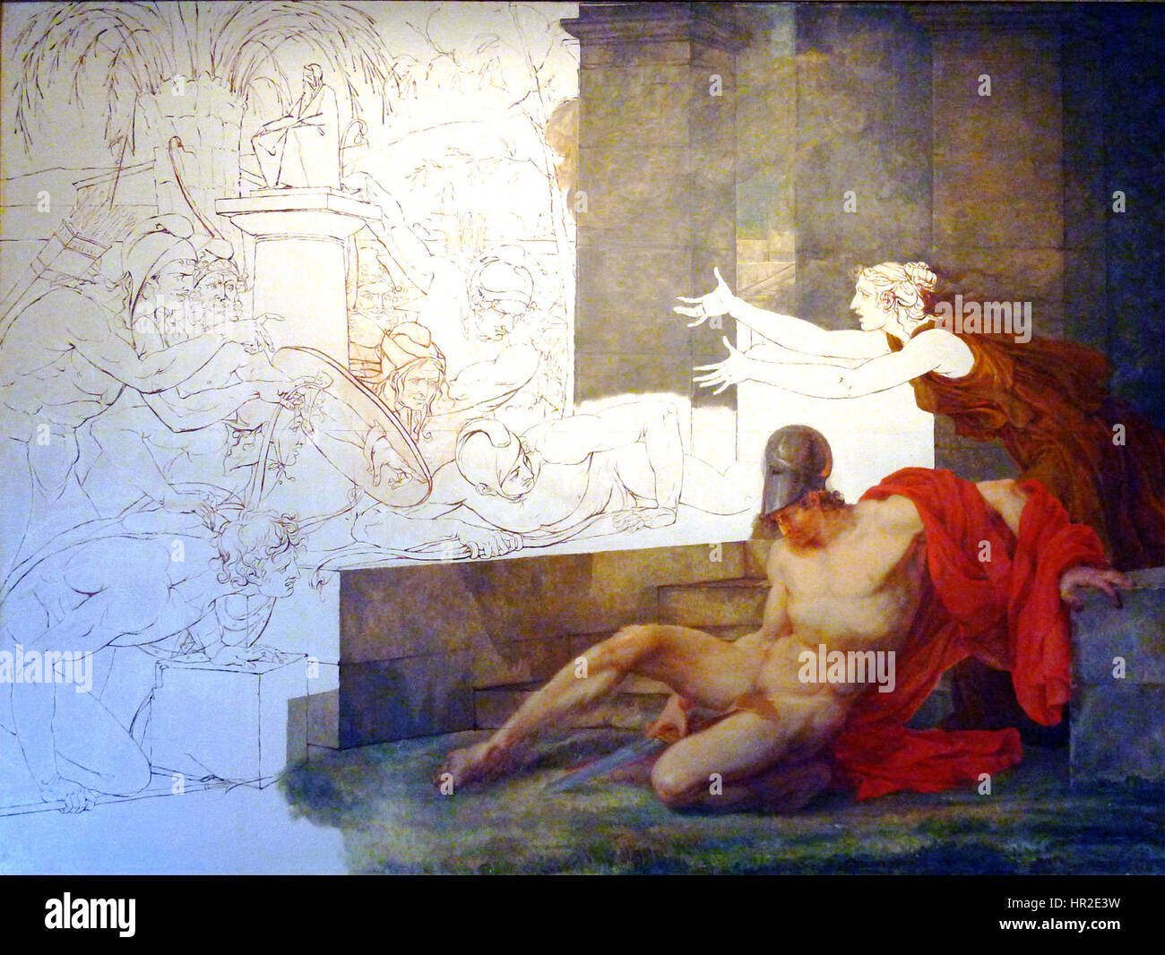 Dieses Stück mit dem Titel „Reattu mort Alcibiade“, das im Musée Reattu in Arles (Frankreich) ausgestellt wird, zeigt den Tod des griechischen Generals Alcibiades, einen bedeutenden Moment in der antiken Geschichte, der durch künstlerische Interpretation dargestellt wurde. Stockfoto