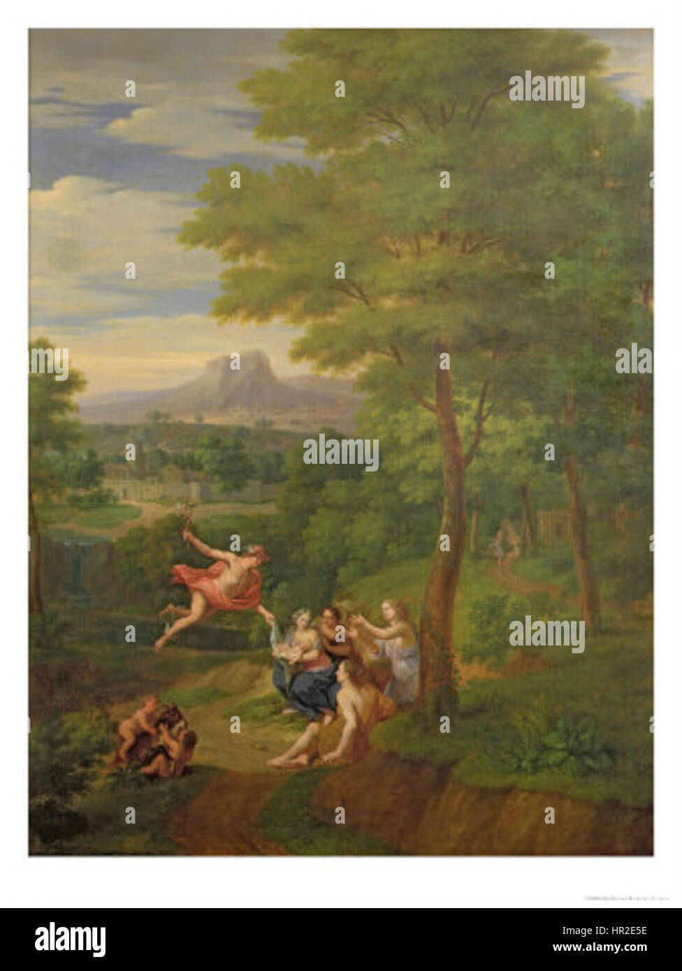 Pieter Rijsbraecks „Klassische Landschaft mit Quecksilber, das die Geburt von Bacchus überwacht“ schildert die mythologische Geburt von Bacchus, Gott des Weines. Die Szene verbindet klassische Mythologie mit einer üppigen Landschaft, die die göttliche Intervention des Quecksilbers hervorhebt. Stockfoto