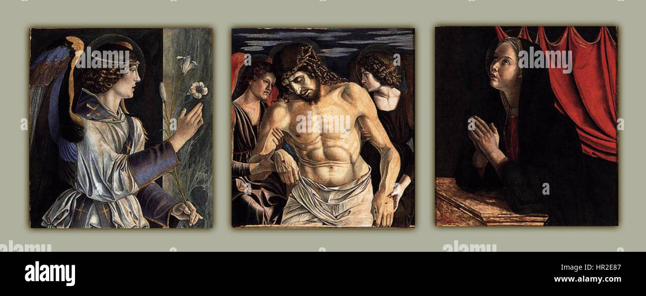 Der „Polittico di San Vincenzo Ferrer“ ist ein religiöser Altar mit Szenen aus dem Leben des Heiligen Vincent Ferrer. Das Werk veranschaulicht die religiöse Kunst der Zeit und hält Momente göttlicher Intervention und Hingabe in lebendigen Farben und detaillierten Figuren fest. Stockfoto