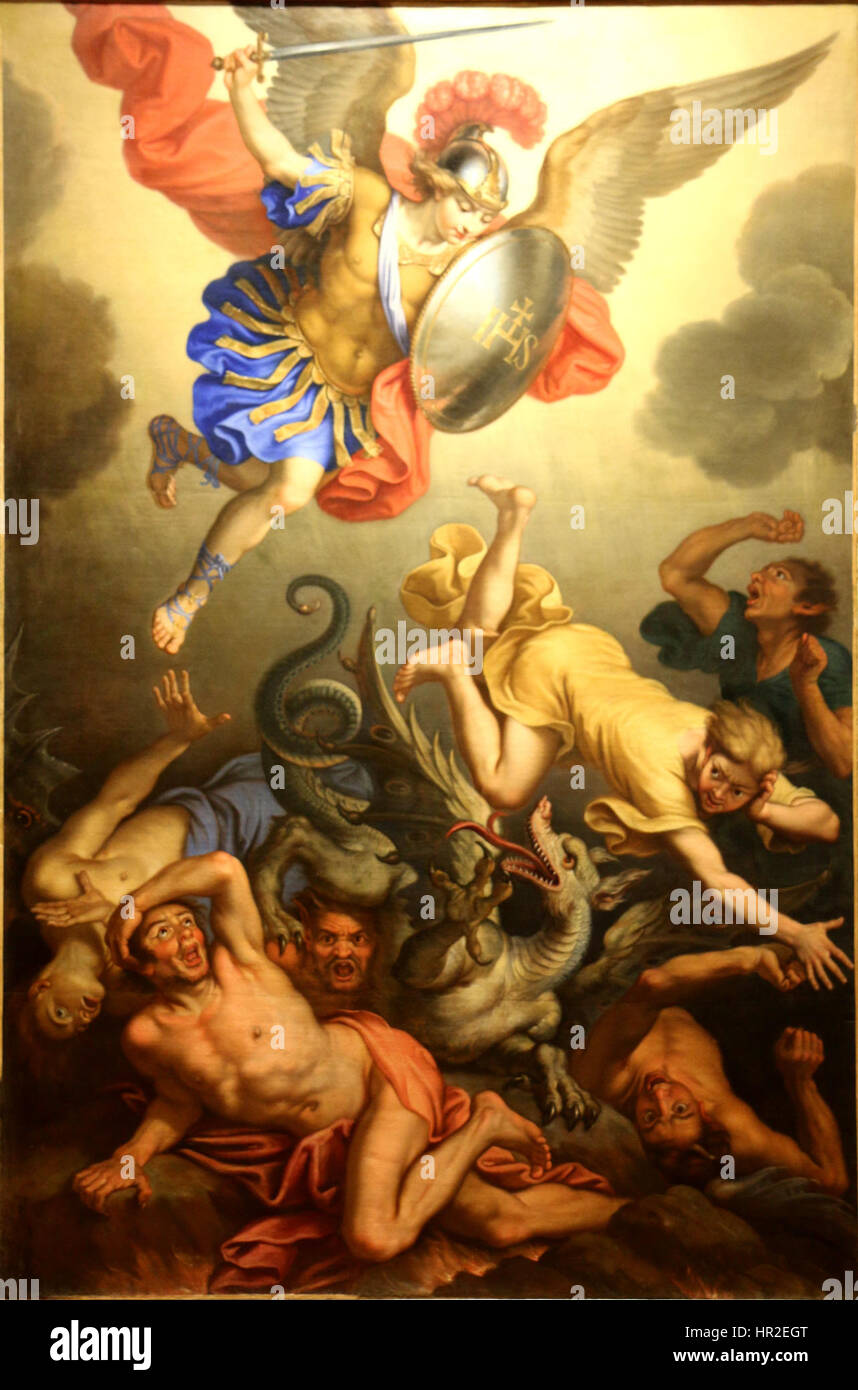 Nicolas Mignards „Saint Michel“ zeigt den Erzengel Michael, der über die Mächte des Bösen triumphiert. Das Gemälde fängt den Moment des göttlichen Sieges mit Michaels kraftvoller Pose und dramatischer Beleuchtung ein und betont Themen der Stärke, Gerechtigkeit und Spiritualität in der Barockkunst. Stockfoto