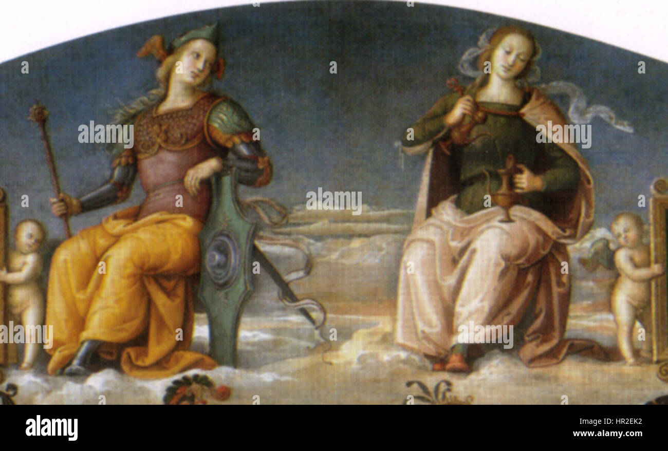 Ein Fresko von Pietro Perugino, einem italienischen Renaissance-Maler, das die Tugenden der Fortezza (Tapferkeit) und Temperanza (Mäßigung) im Collegio del Cambio darstellt. Stockfoto