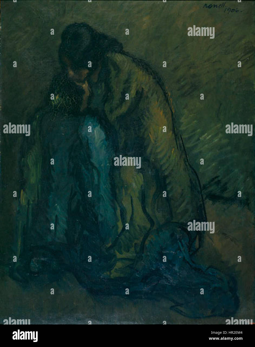 Rumiant von Nonell ist ein Gemälde, das ein Porträt einer Frau mit melancholischem Ausdruck zeigt. Das Werk, beeinflusst vom Post-Impressionismus, zeigt lebendige Farben und kräftige Pinselstriche. Nonells Stil betont die emotionale Tiefe des Motivs und fängt die Komplexität menschlicher Emotionen ein. Das Gemälde reflektiert die Auseinandersetzung der Künstlerin mit innerpsychologischen zuständen und der Verwendung von Farbe zum Ausdruck von Stimmung. Stockfoto