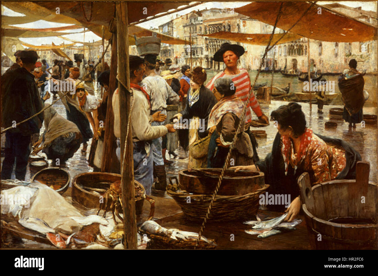 „Pescheria Vecchia“ bezieht sich auf den Alten Fischmarkt, der das pulsierende Marktleben von Venedig einfängt. Das Gemälde bietet einen Einblick in den täglichen Handel und die geschäftige Aktivität auf einem der ältesten und berühmtesten Fischmärkte Venedigs, wo Händler frische Fänge an Einheimische und Touristen verkaufen. Stockfoto