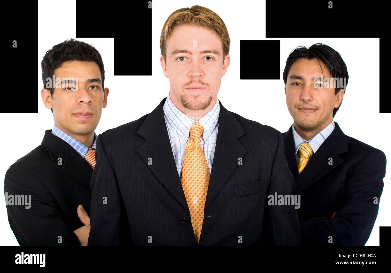 männliche nur Business-Team führen von einem kaukasischen Mann mit zwei Lateinamerikaner Stockfoto