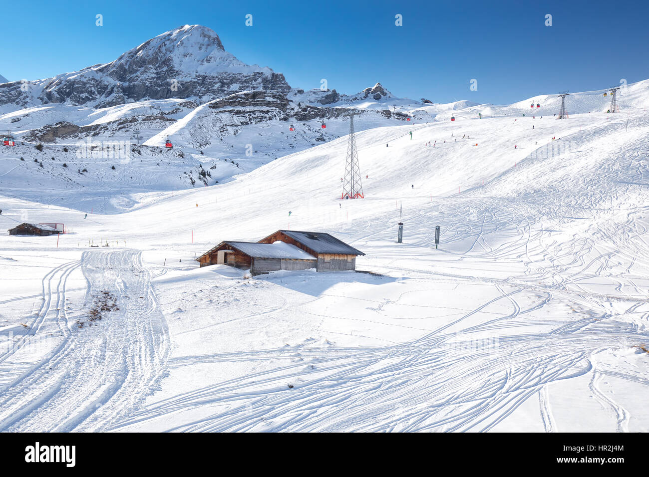 Jungfrau ski Resort unter Eiger, Monch und Jungfrau Gipfeln in Grindelwald, Berner Oberland, Schweiz, Schweizer Alpen. Stockfoto