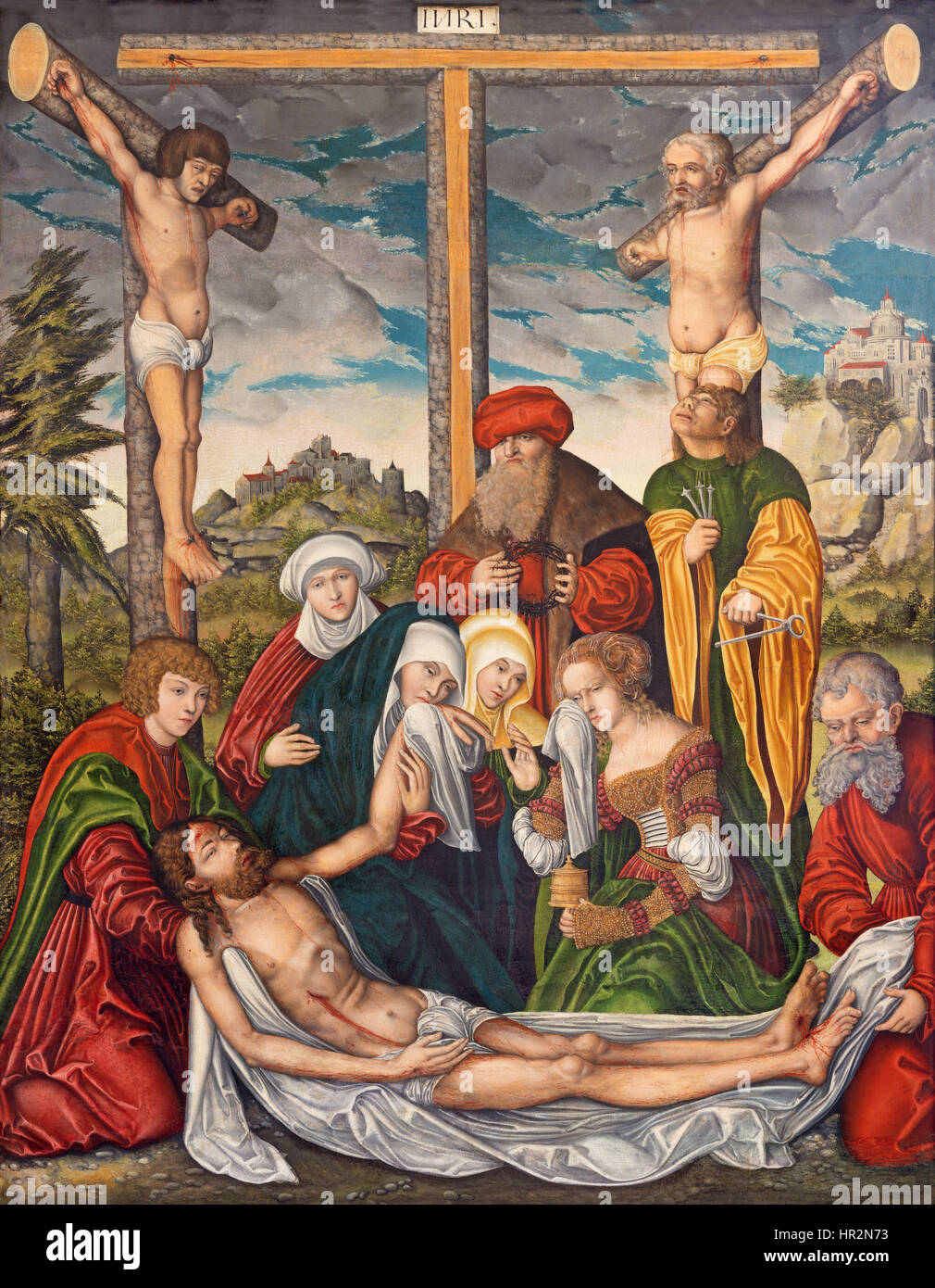 BERLIN, Deutschland, Februar - 16, 2017: Das Gemälde der Ablagerung des Kreuzes in der Kirche Marienkirche vom Arbeitszimmer von Lucas Cranach (1536). Stockfoto