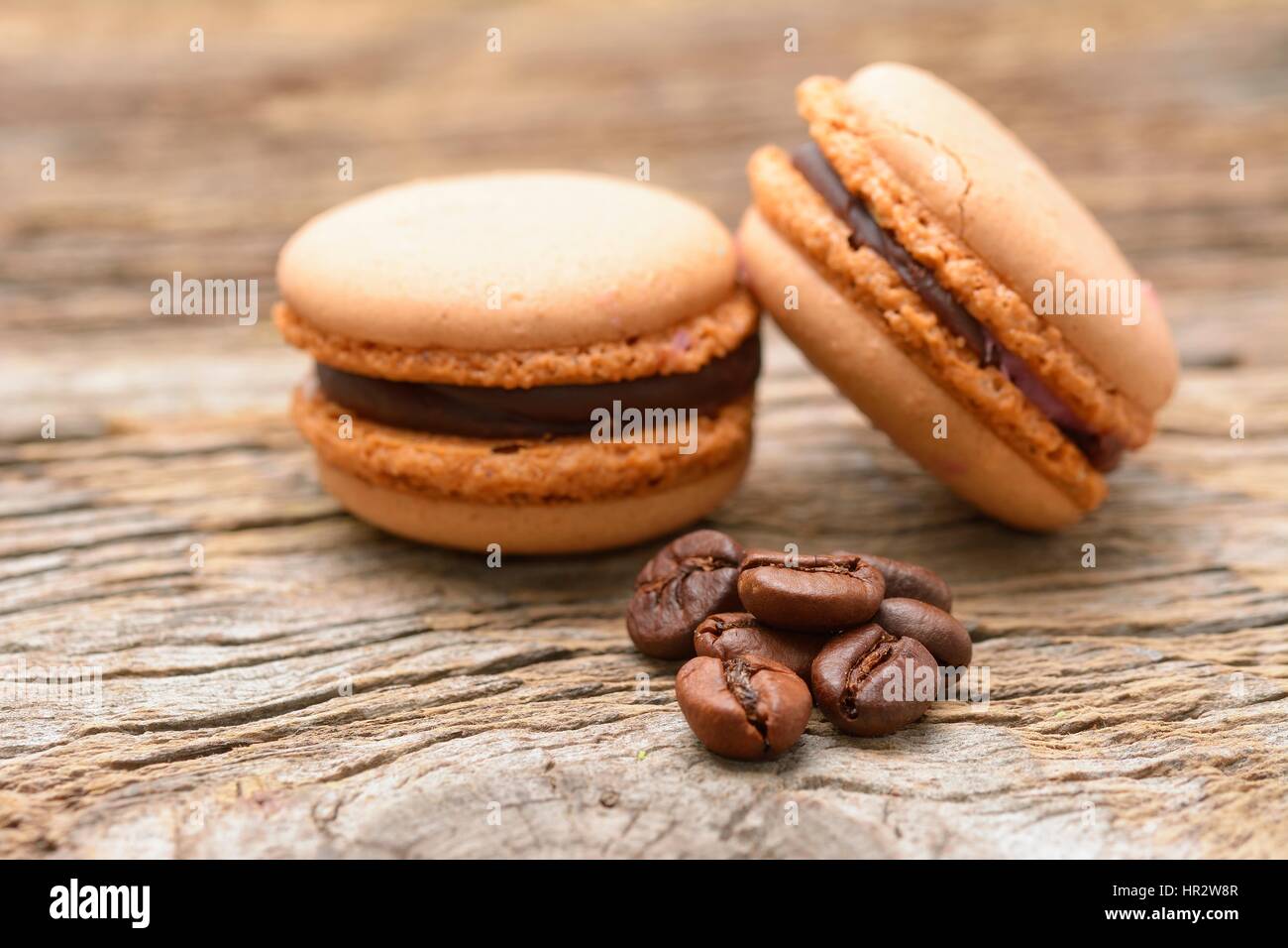 Französische Macarons mit Kaffeebohnen Stockfoto