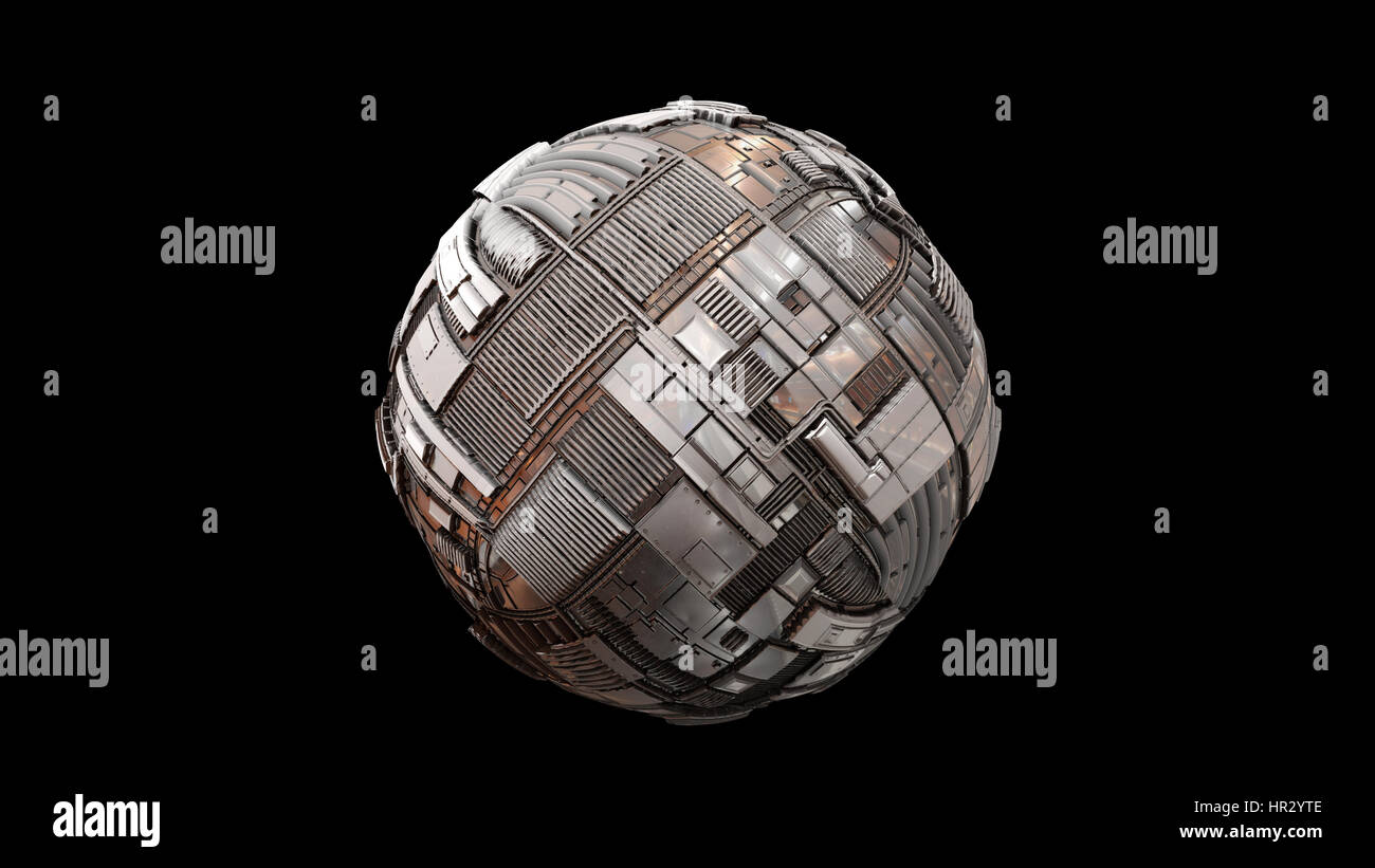 schwebende Science-Fiction Stil Tech Kugel auf schwarzem Hintergrund isoliert Stockfoto