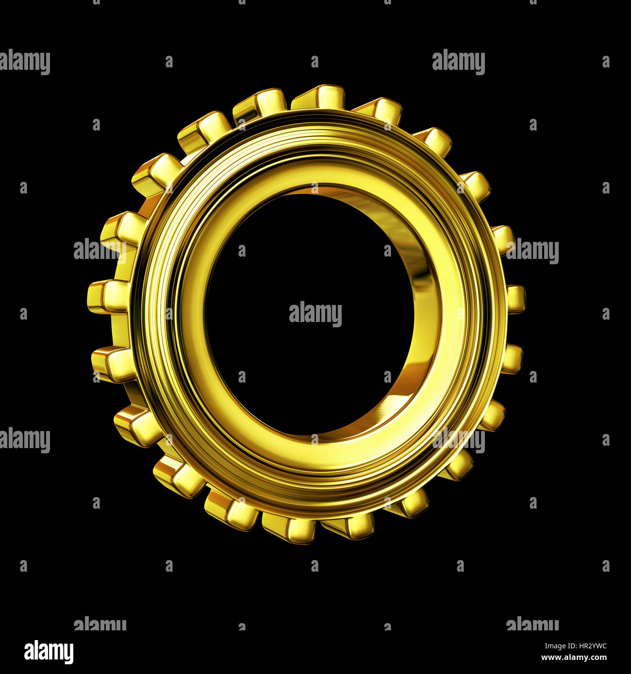 Golden Gear vor einem schwarzen Hintergrund (3d Illustration) Stockfoto
