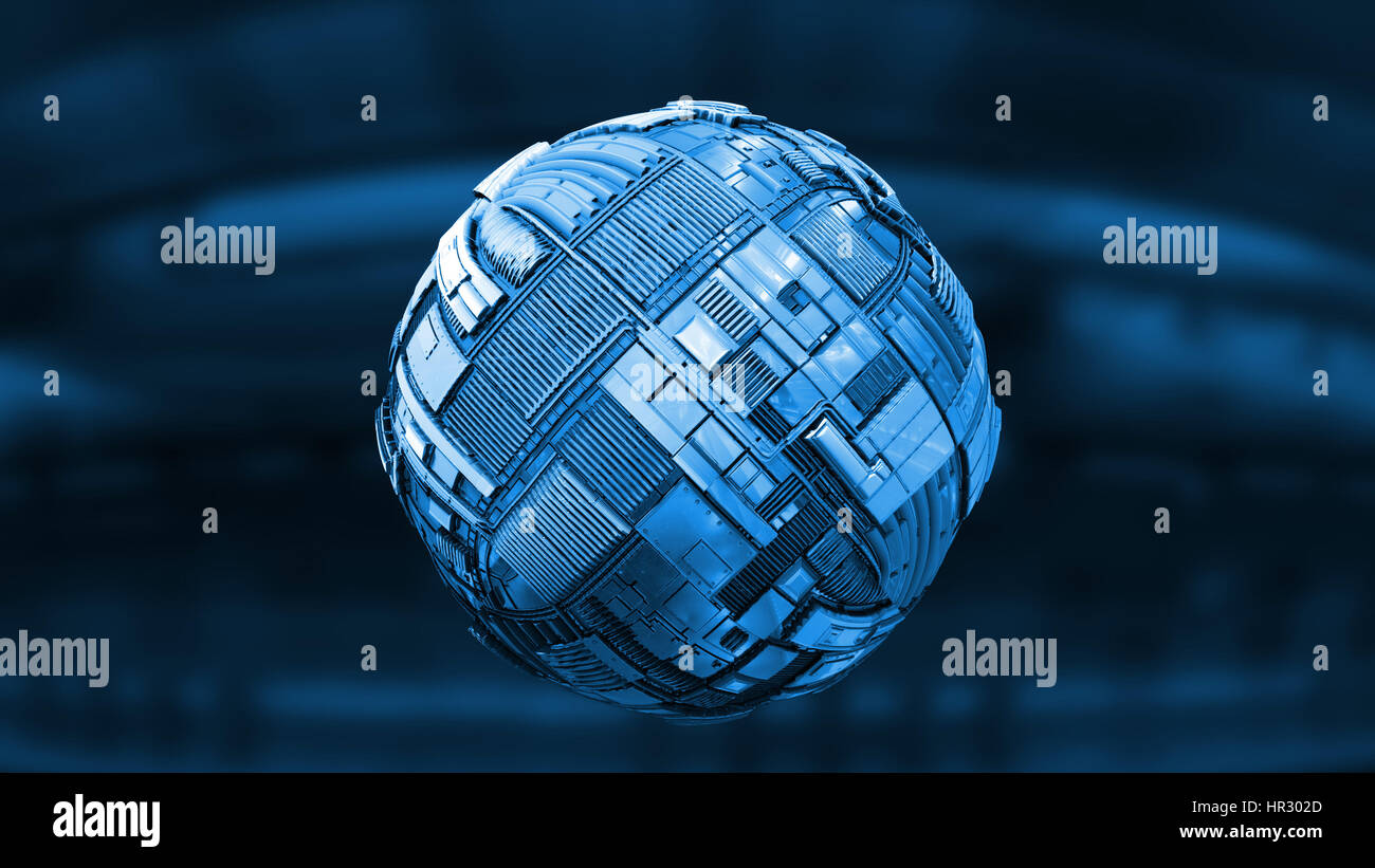 schwebende Science-Fiction Stil Tech Kugel (blaue 3d Illustration) Stockfoto