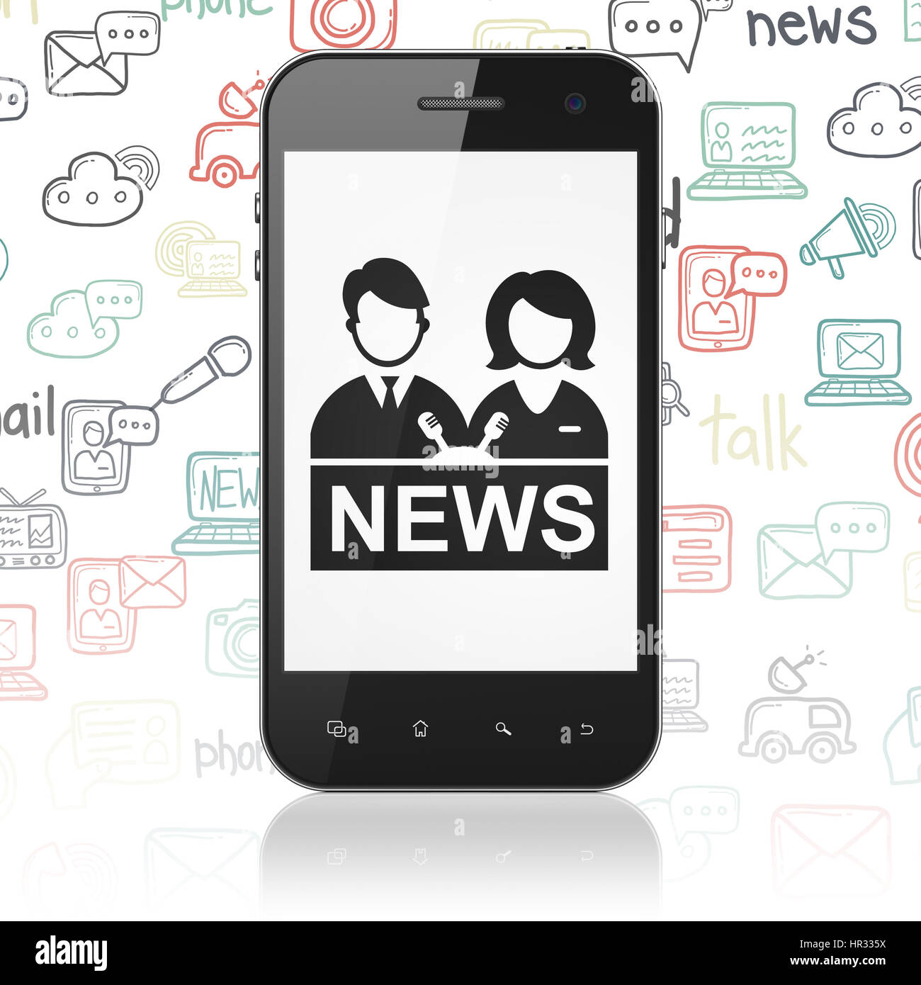 Aktuelles Konzept: Smartphone mit Moderator auf dem Display Stockfoto