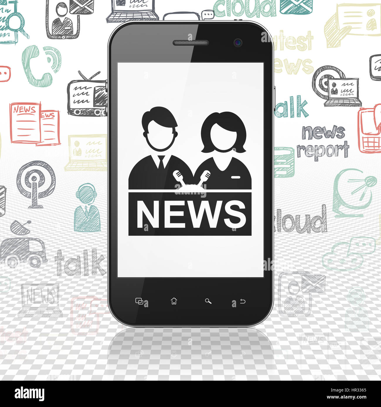 Aktuelles Konzept: Smartphone mit Moderator auf dem Display Stockfoto