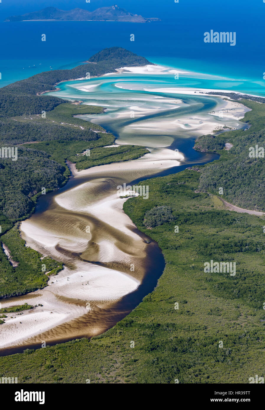 Blick flussabwärts zum Hill Inlet und Whitehaven Beach, Whitsunday Island, Queensland, Australien Stockfoto