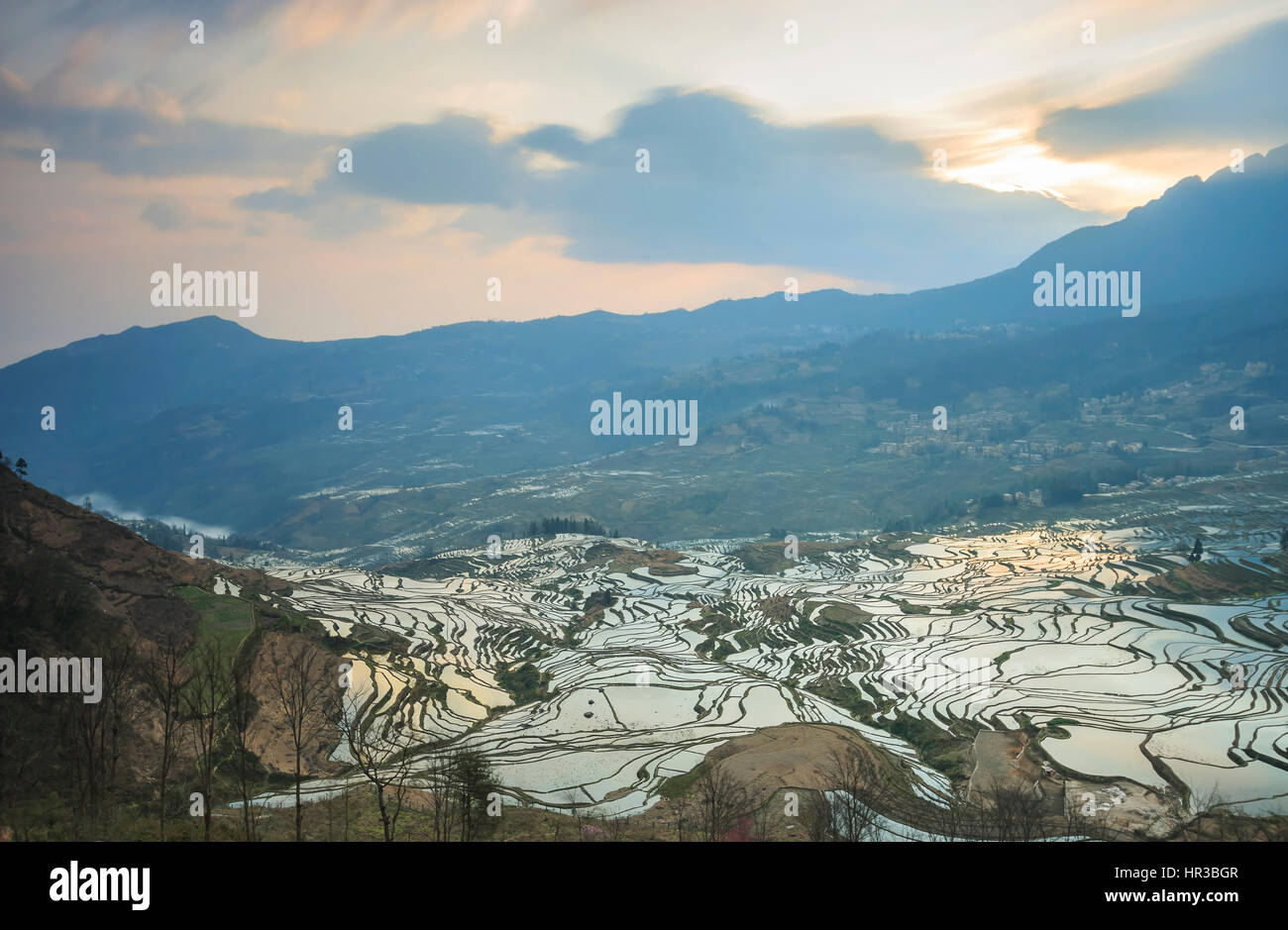 Sonnenaufgang über Reisterrassen von YuanYang in Yunnan, China, eines der jüngsten UNESCO-Welterbestätten Stockfoto