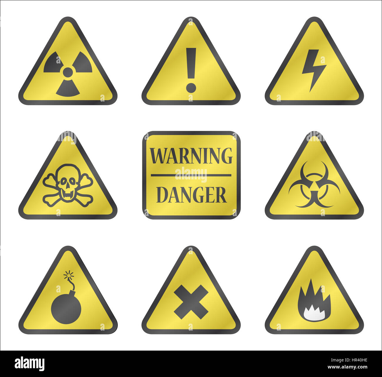 Eine Auswahl an gelben dreieckige Warnschilder isoliert auf weißem Hintergrund Stockfoto