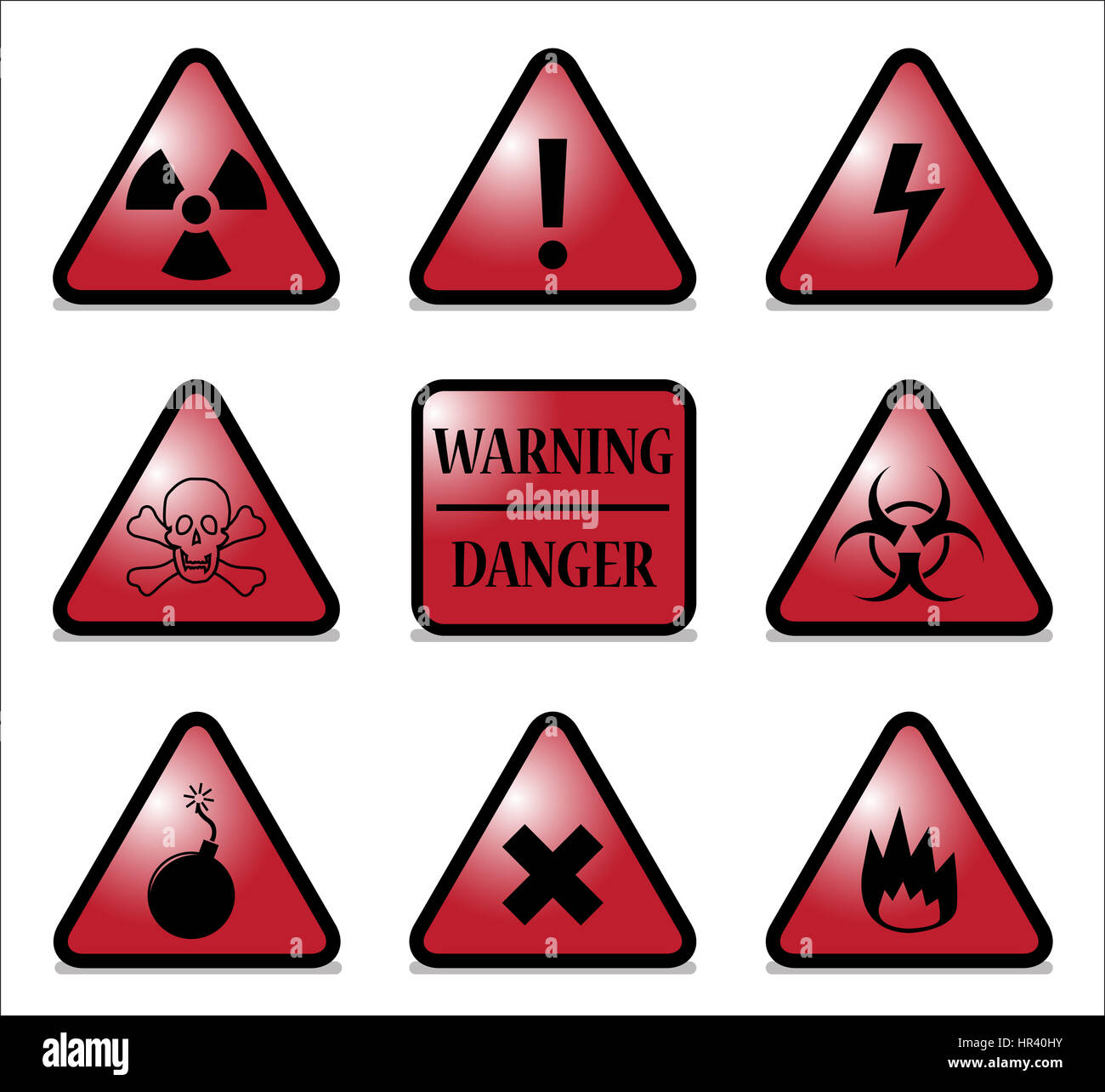 Eine Auswahl an rote dreieckige Warnschilder isoliert auf weißem Hintergrund Stockfoto