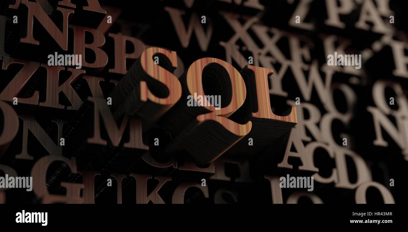 SQL - gerendert aus Holz 3D Buchstaben/Nachricht.  Einsetzbar für ein Online-Banner oder eine gedruckte Postkarte. Stockfoto