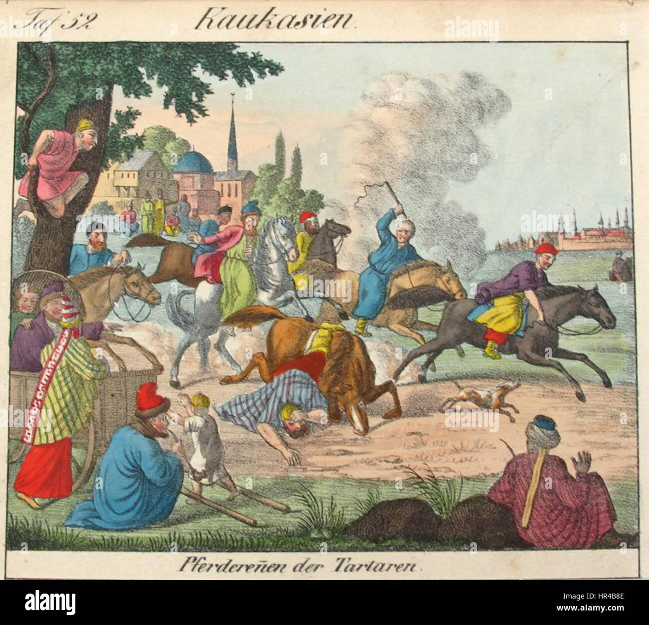 „Pferderennen der Tartaren“ zeigt ein traditionelles tatarisches Pferderennen, das die Spannung und Geschwindigkeit der Veranstaltung einfängt. Dieses Kunstwerk stellt eine visuelle Darstellung der tatarischen Kultur dar und zeigt ihre Reitkünste und die Bedeutung des Pferderennsports in ihrer Gesellschaft. Das Rennen ist ein kulturelles Ereignis, das die Bedeutung der Pferde für das tatarische Erbe unterstreicht. Stockfoto