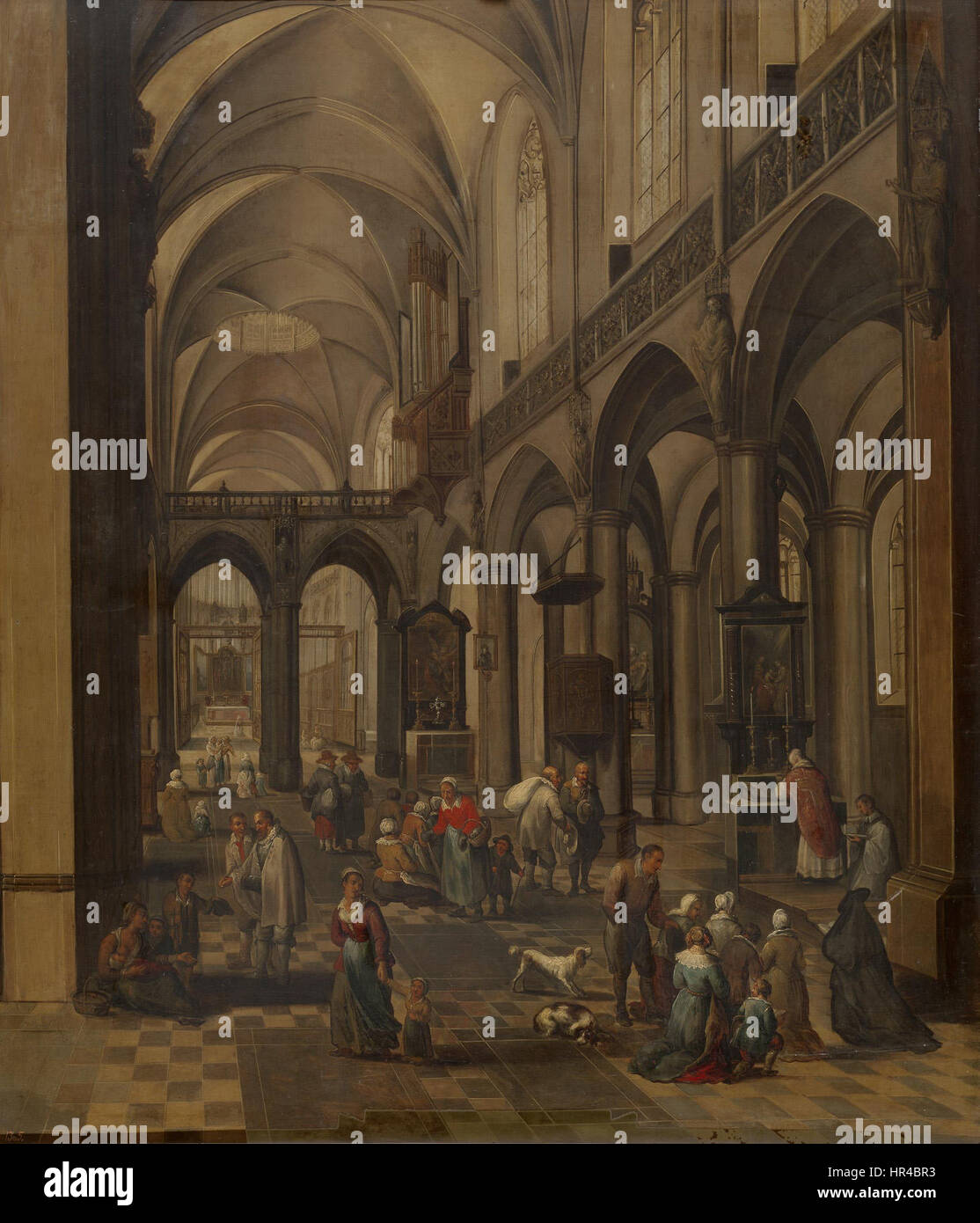 Peeter Neeffs I.’ „Inneres einer flämischen Kirche“ zeigt die Pracht und Spiritualität eines Kircheninnenraums. Das Gemälde fängt die detaillierten architektonischen Merkmale und die ruhige Atmosphäre ein, die typisch für die flämische Barockkunst ist. Stockfoto