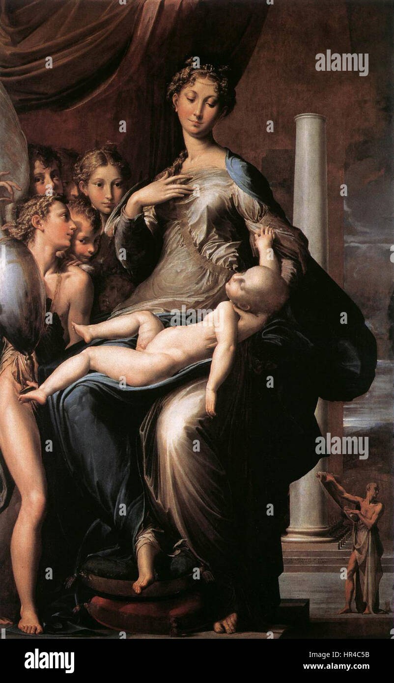 Parmigianinos „003b“ ist ein Porträt, das seinen charakteristischen Stil anmutiger, langgestreckter Figuren zeigt. Bekannt für seinen manieristischen Ansatz, verwendet der Künstler übertriebene Proportionen und elegante Formen, um ein Gefühl von Schönheit und Bewegung zu schaffen. Das Gemälde demonstriert Parmigianinos Meisterschaft in der Erfassung der menschlichen Anatomie und emotionalen Tiefe. Stockfoto