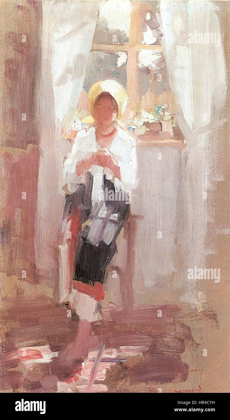 Nicolae Grigorescu - Bauer Nähen am Fenster Stockfoto